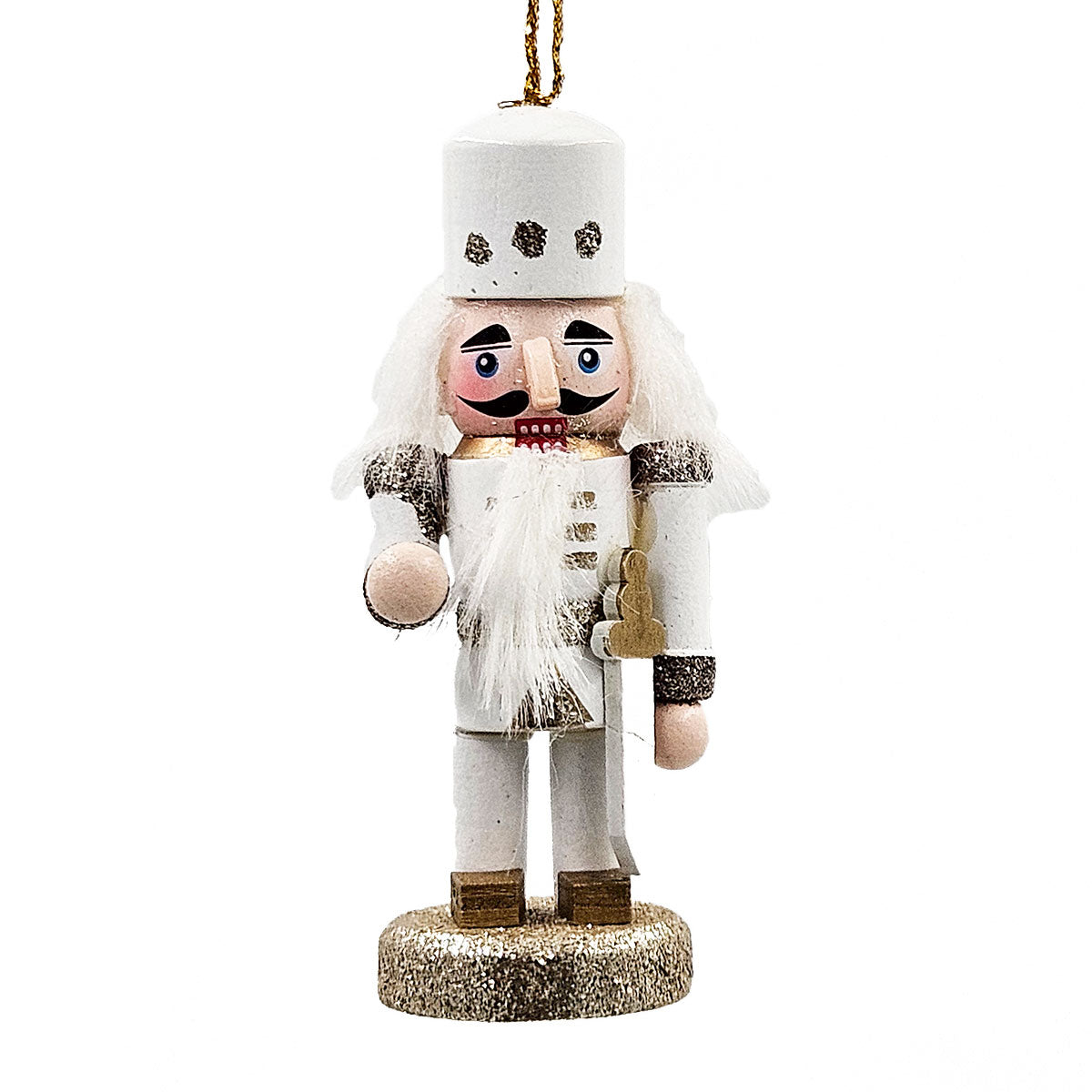 AEELLEEA 5 Inch White Gold Wooden Nutcracker Ornaments, Christmas Tree Hanging Soldier Decor, Set of 4