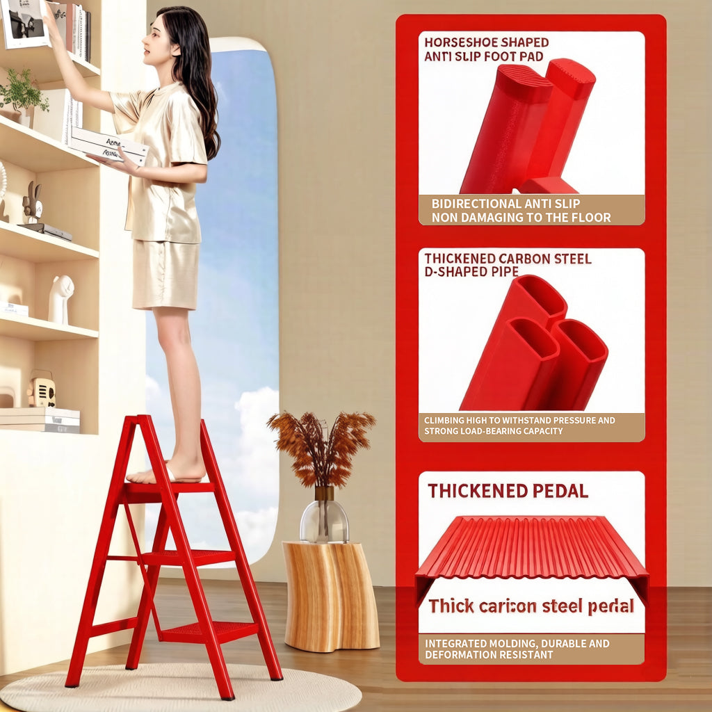 4 Step Ladder Folding Step Stool for Adults, Heavy Duty Steel, Anti Slip Wide Pedals Portable Lightweight Home Kitchen Office Closet