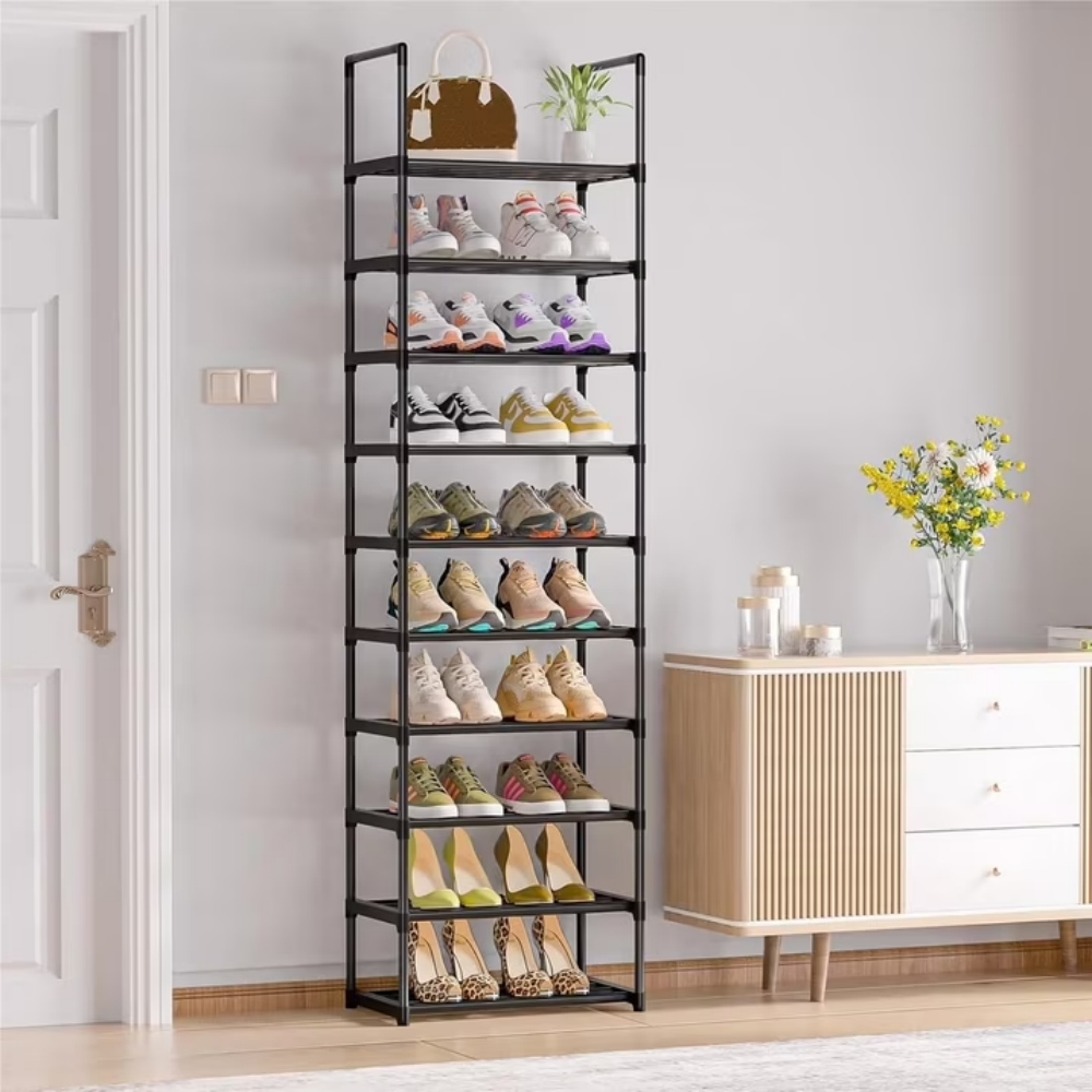 AEELLEEA 10 Tier Metal Shoe Rack, Stackable Space-Saving Shoe Organizer with Side Hooks, Heavy Duty Reinforced Steel Shoe Shelf, Freestanding Shoe Storage for Entryway, Closet, Hallway for Shoes & Boots