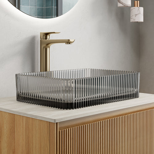 Rectangular Glass Vessel Sink 17.91x13 Inch, Smoked Gray Ribbed Bathroom Vanity Bowl, Above Counter Glass Sink Basin