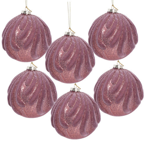 AEELLEEA 3.9" Dusty Pink Flocked Wave Glass Christmas Ornaments Set of 6, Glitter Hanging Baubles for Xmas Tree Holiday Home Decor