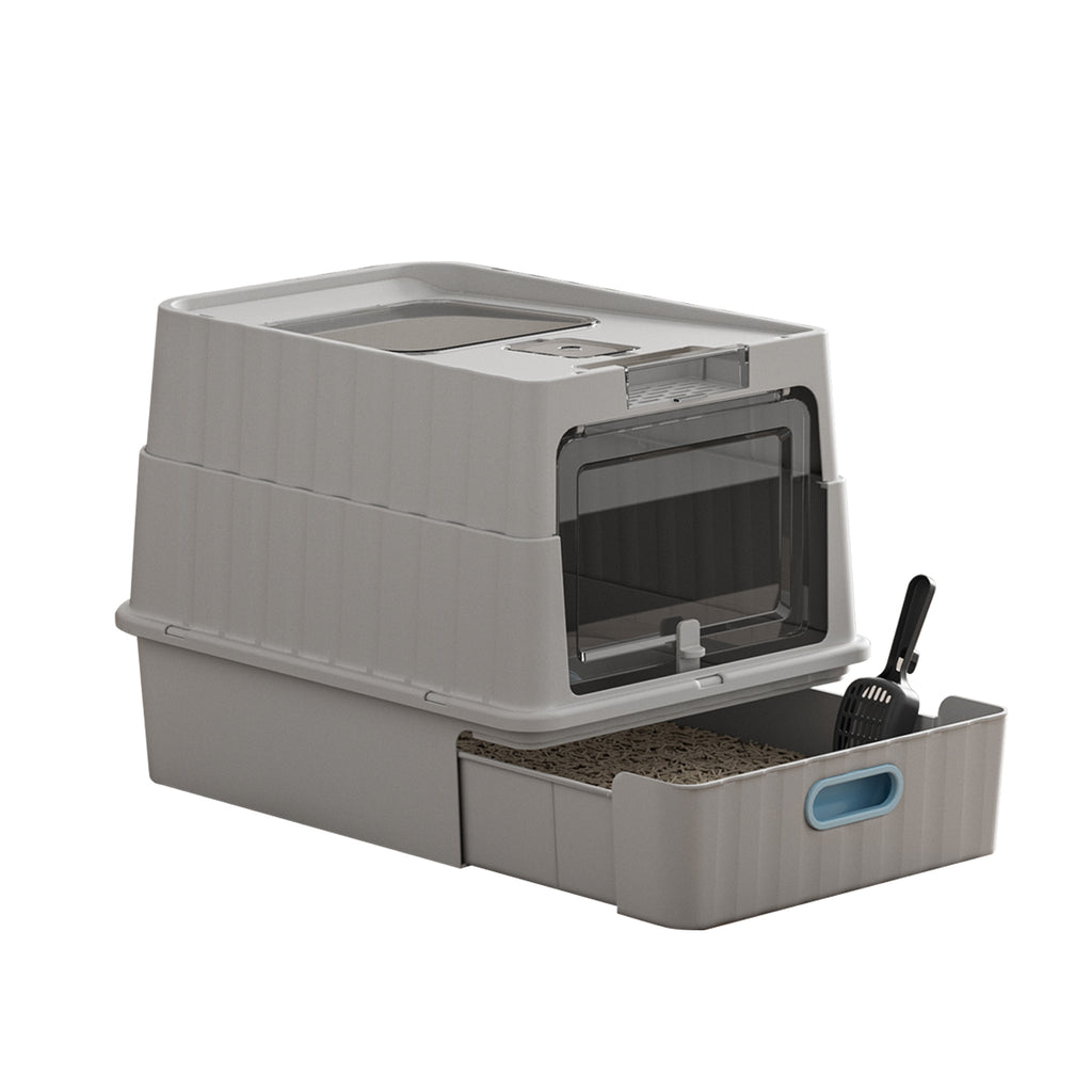 Convertible Enclosed Cat Litter Box with Pull-Out Drawer, Front Door, Top Vent Panel & Litter Scoop, Gray, 19.69" x 13.78" x 13.78"