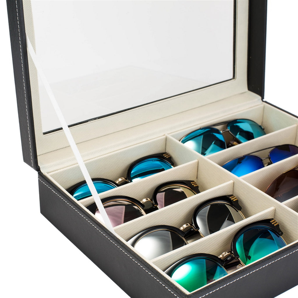 AEELLEEA-Leather Multi Sunglasses Organizer for Women & Men, Eyeglass Display Storage Box with 8 Slots, Black Eyewear Holder for Sunglasses Collection