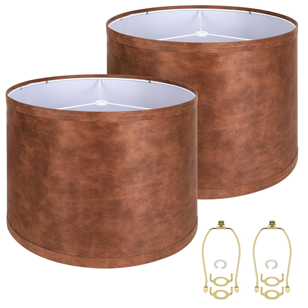 Set of 2 Distressed Brown Faux Leather Drum Lamp Shades, 13" x 13" x 10", Spider Fitter, Includes Harps & Finials