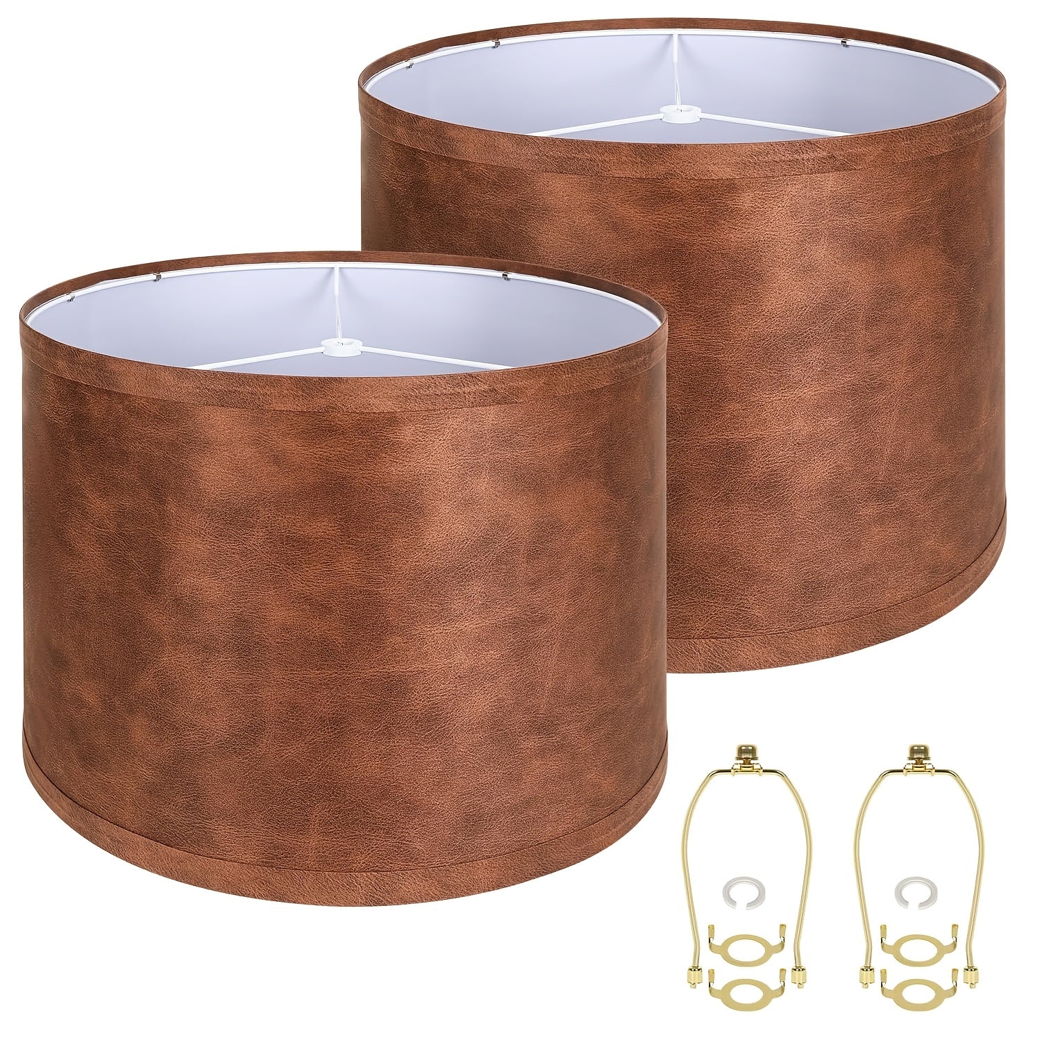 Set of 2 Distressed Brown Faux Leather Drum Lamp Shades, 13" x 13" x 10", Spider Fitter, Includes Harps & Finials