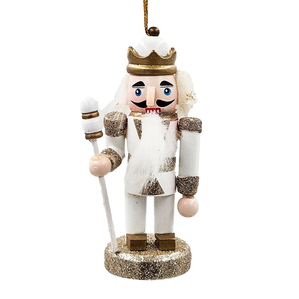 AEELLEEA 5 Inch White Gold Wooden Nutcracker Ornaments, Christmas Tree Hanging Soldier Decor, Set of 4