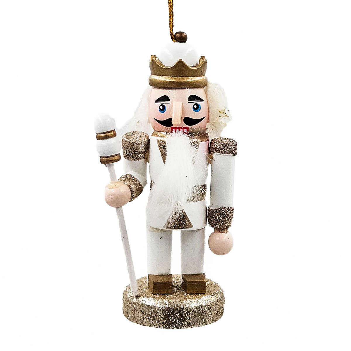 AEELLEEA 5 Inch White Gold Wooden Nutcracker Ornaments, Christmas Tree Hanging Soldier Decor, Set of 4