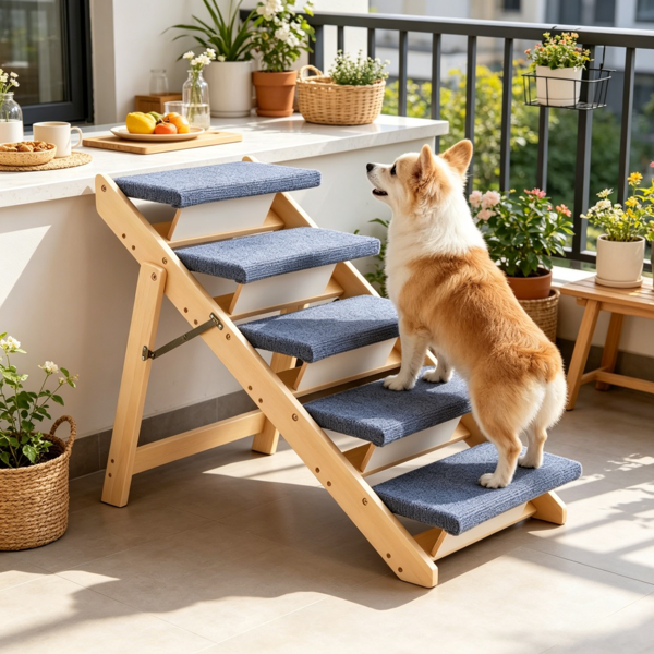 AEELLEEA 5-Step Wooden Pet Stairs for Dogs and Cats, Padded Carpet Steps for Sofa and Bed, 30.7" x 18.5" x 26"