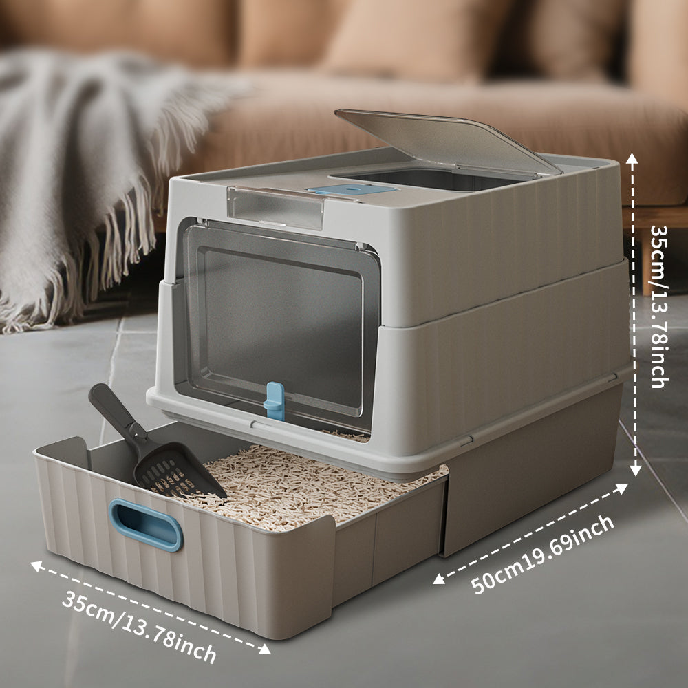 Convertible Enclosed Cat Litter Box with Pull-Out Drawer, Front Door, Top Vent Panel & Litter Scoop, Gray, 19.69" x 13.78" x 13.78"