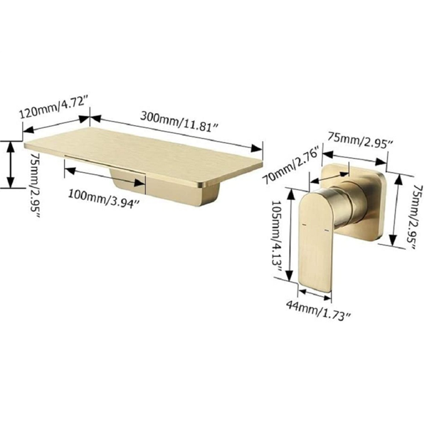 AEELLEEA Wall Mount Waterfall Bathroom Faucet, Modern Single Handle 2-Piece Sink Faucet Set with Wide Spout, Brushed Gold