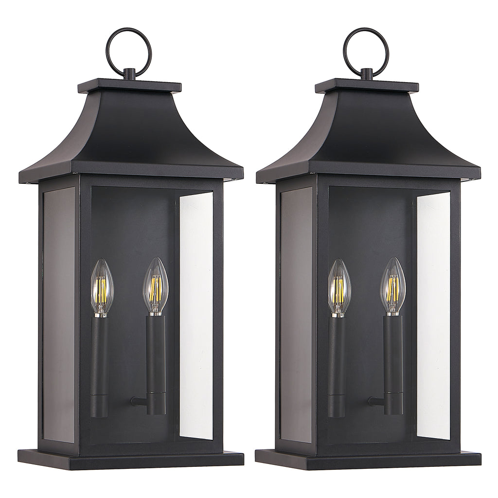 1 Pack Black Outdoor Wall Lantern, Vintage Metal Frame Clear Glass Wall Sconce, 2-Light Hardwired Exterior Wall Light Fixture