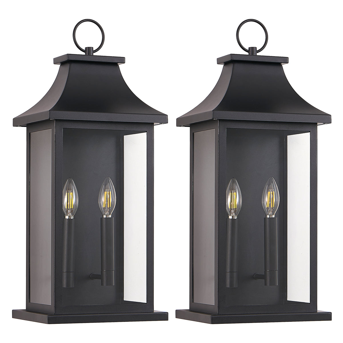 1 Pack Black Outdoor Wall Lantern, Vintage Metal Frame Clear Glass Wall Sconce, 2-Light Hardwired Exterior Wall Light Fixture