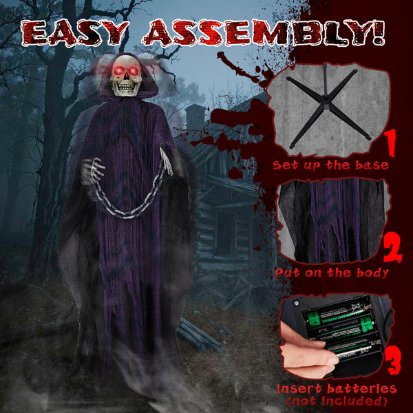 Red LED glowing eyes, manually-movable head, male voice, sound-activated, battery-operated (batteries not included)