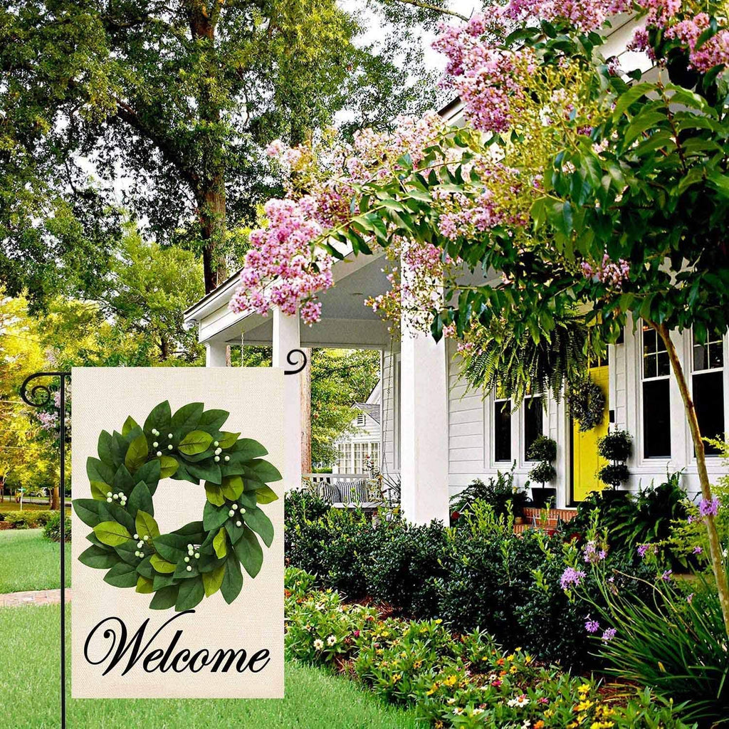 Magnolia Leaves Wreath Welcome Garden Flag, Vertical Double Sided Burlap Small Yard Flag, Farmhouse Spring Summer Seasonal Outdoor Lawn Decor Flag