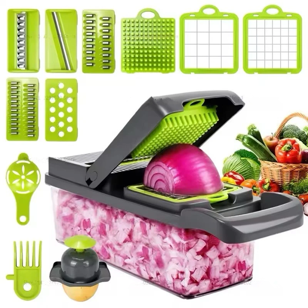 16 in 1 Vegetable Chopper, Multifunctional Veggie Slicer Dicer with 1.5L Storage Container, Interchangeable Blades & Hand Guard for Onion Carrot Fruit