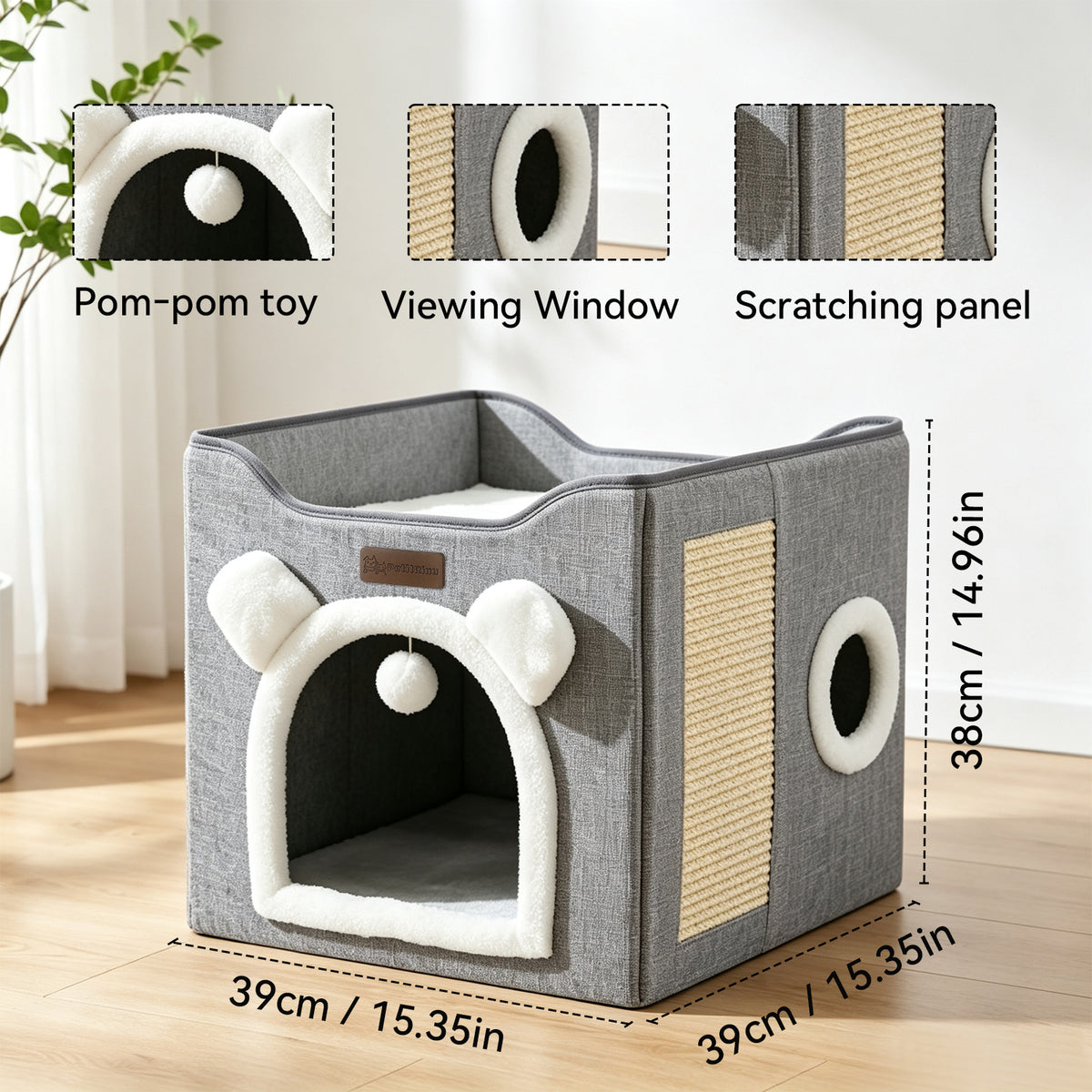 3-in-1 Foldable Cat House with Sisal Scratch Pad & Hanging Toy, Enclosed Cat Cave Bed and Elevated Cat Condo for Indoor Cats