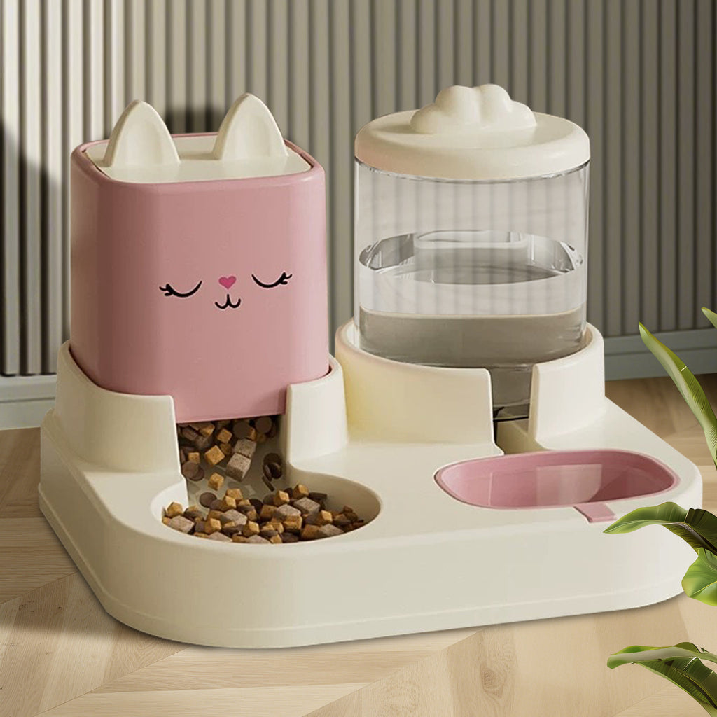 Cat-Themed Automatic Pet Feeder and Water Dispenser Set, Food Bowl with Storage Container, 12.59 x 11.22 inch Base
