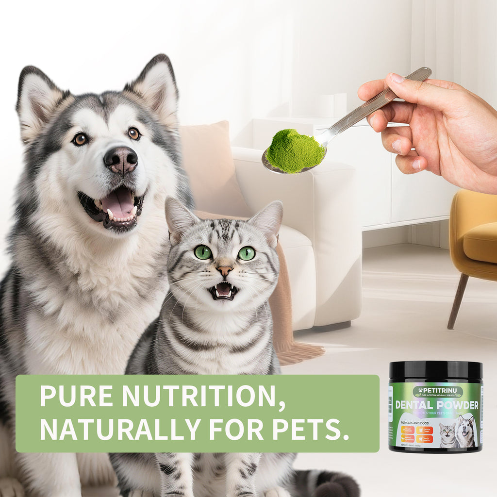 PETITRINU Dental Powder for Cats & Dogs, 5.29 oz - Natural Plaque & Tartar Control, Fresh Breath Freshener, Just Mix into Food
