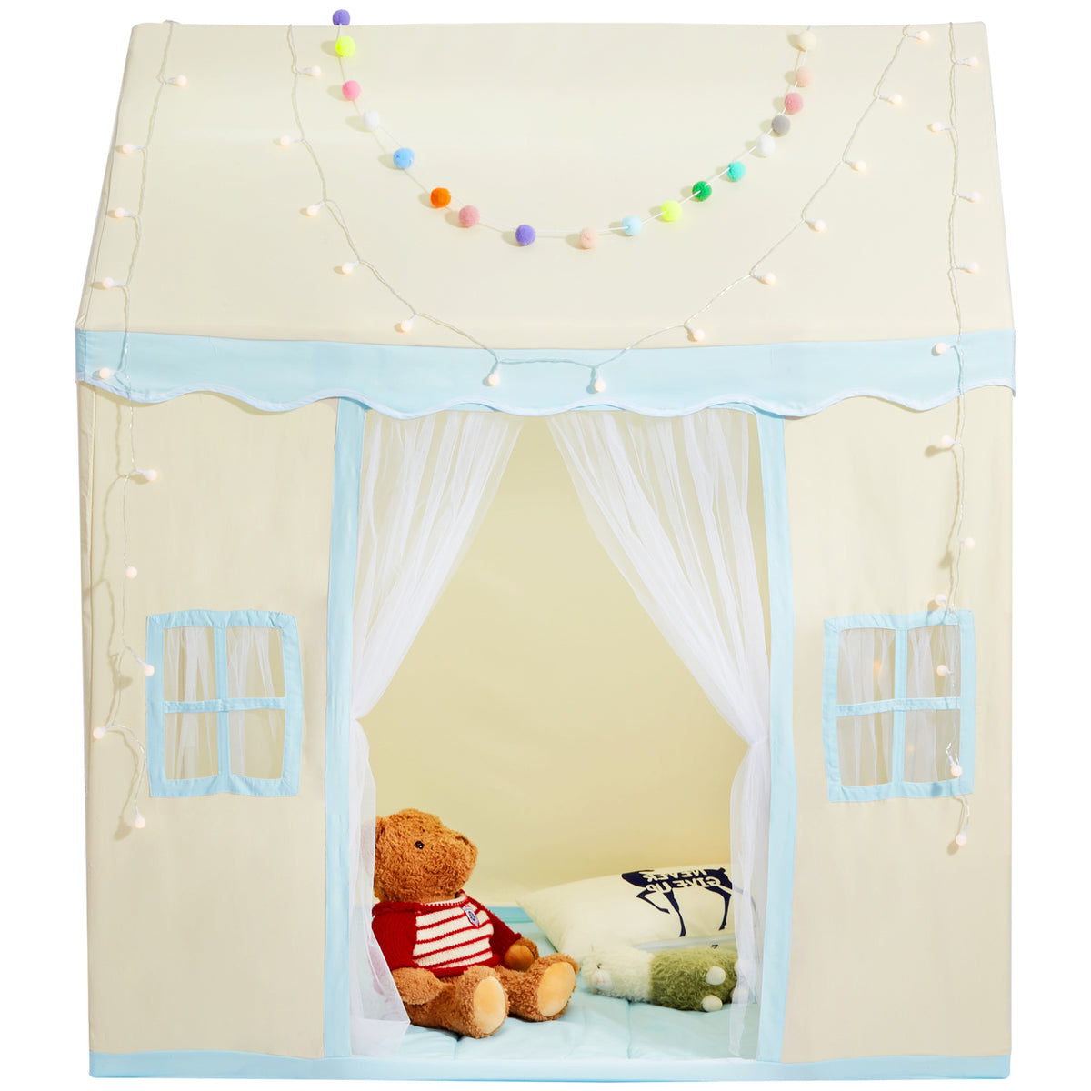 AEELLEEA Beige Kids Play Tent for 1-5Y, Indoor Outdoor Toddler Tent with Damp-Proof Mat & Lamp, Window for Boys Girls