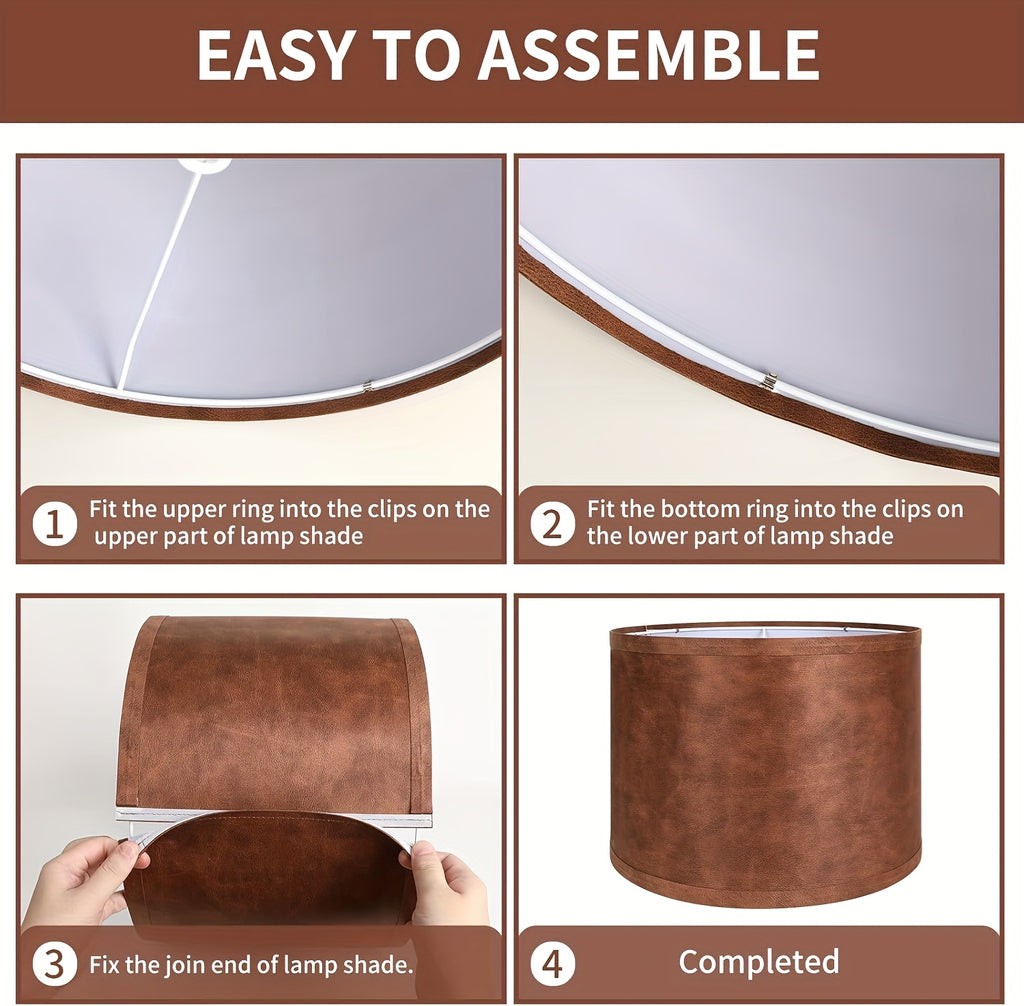 Set of 2 Distressed Brown Faux Leather Drum Lamp Shades, 13" x 13" x 10", Spider Fitter, Includes Harps & Finials