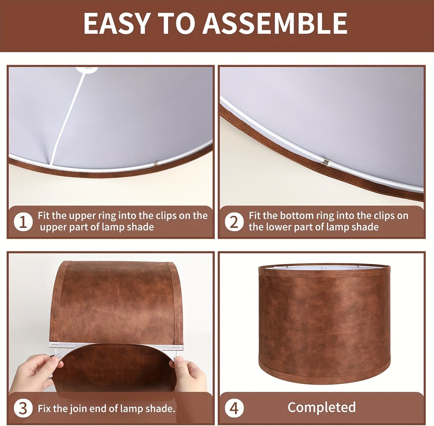 Set of 2 Distressed Brown Faux Leather Drum Lamp Shades, 13" x 13" x 10", Spider Fitter, Includes Harps & Finials