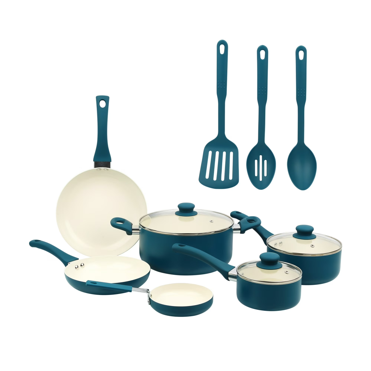 AEELLEEA 12 Piece Ceramic Nonstick Aluminum Cookware Set, Corsair Blue Pots and Pans Set with Kitchen Utensils
