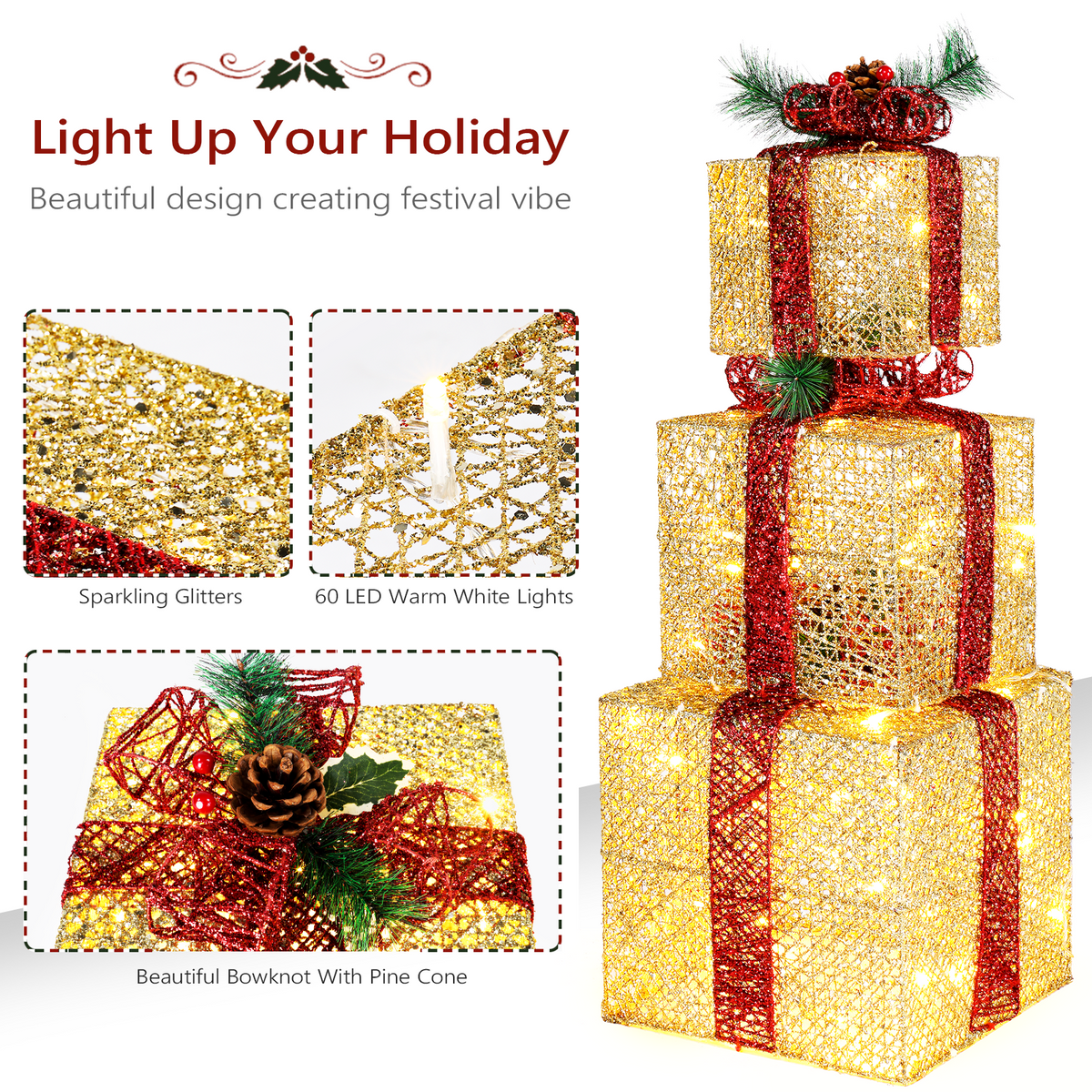 AEELLEEA-3Pcs Golden Lighted Gift Box Decor Set, 10/8/6 Inch, with 5M UK Plug Power Cord, Illuminated Gift Boxes for Christmas Holiday Garden Indoor Outdoor Decoration
