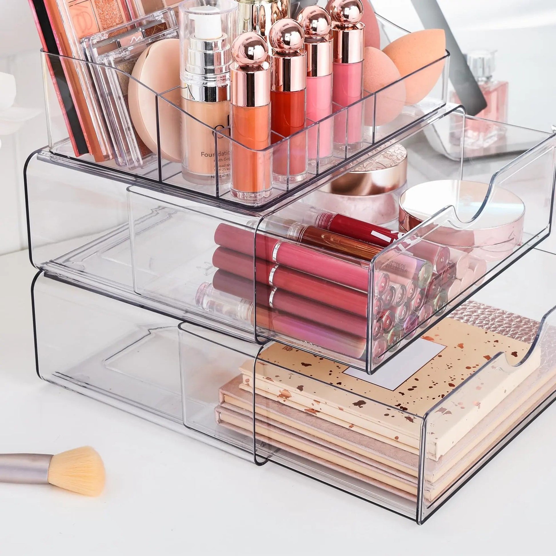 Clear Stackable Makeup Organizer with 2 Drawers, 3-Tier Cosmetic Storage with Divided Top Tray, Non-Slip Vanity Holder for Skincare Brushes
