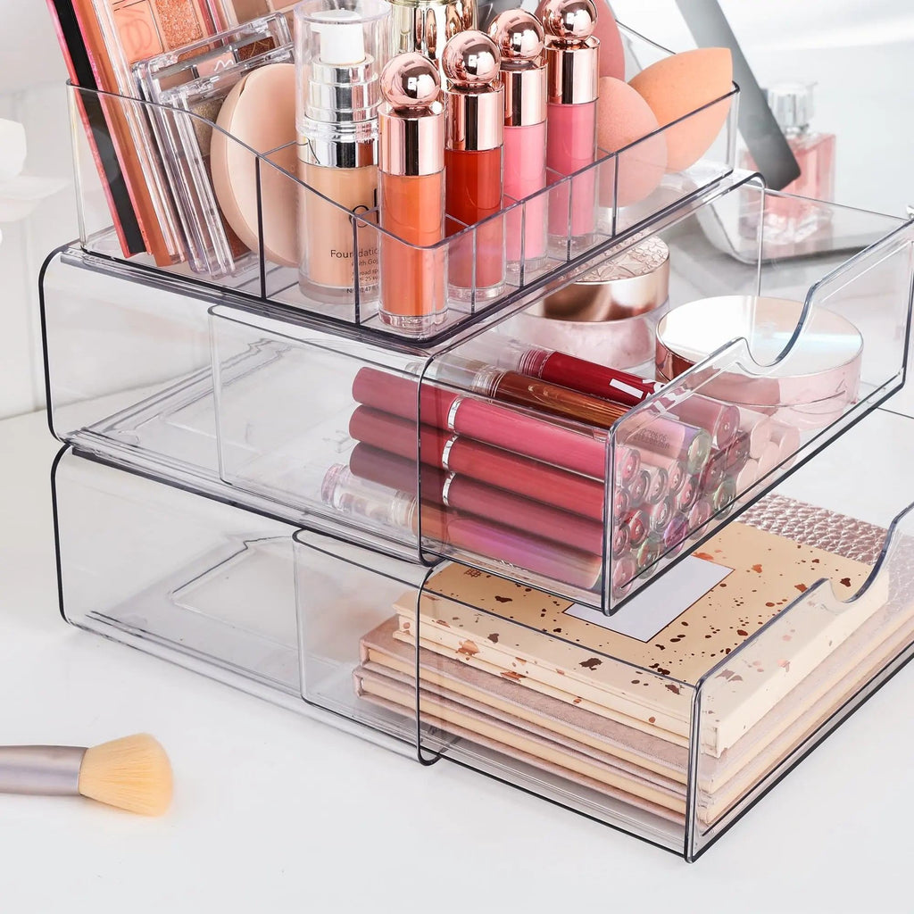 Makeup Organiser with 3 Drawers, Transparent Dressing Table Organiser, Stackable Cosmetic Organiser with 12 Non-Slip Pads for Bathroom, Dressing Table