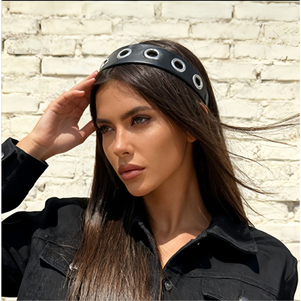 Punk Wide PU Leather Headband for Women, Silver Metal Eyelet Hollow Decor Hair Hoop, Fashion Rock Goth Hair Accessories