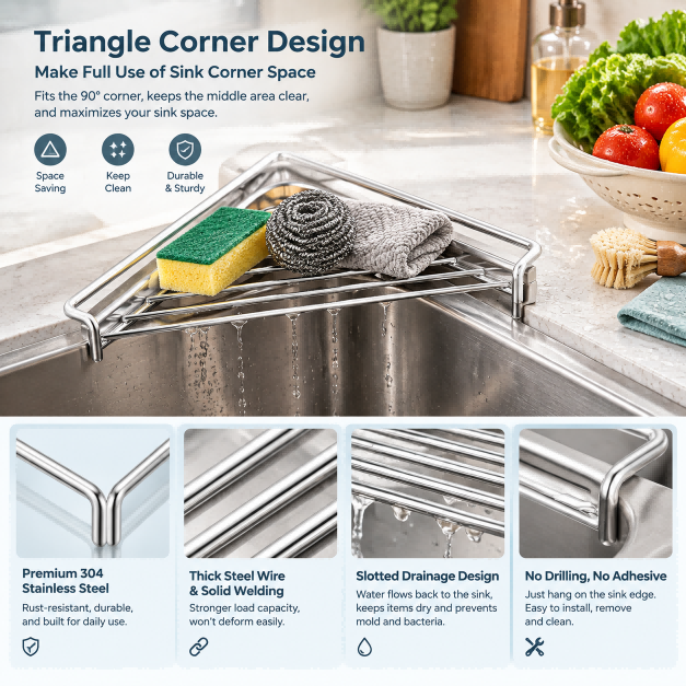 304 Stainless Steel Over The Sink Kitchen Storage Rack, Rustproof Sink Caddy for Sponge, Brush and Dish Cloth