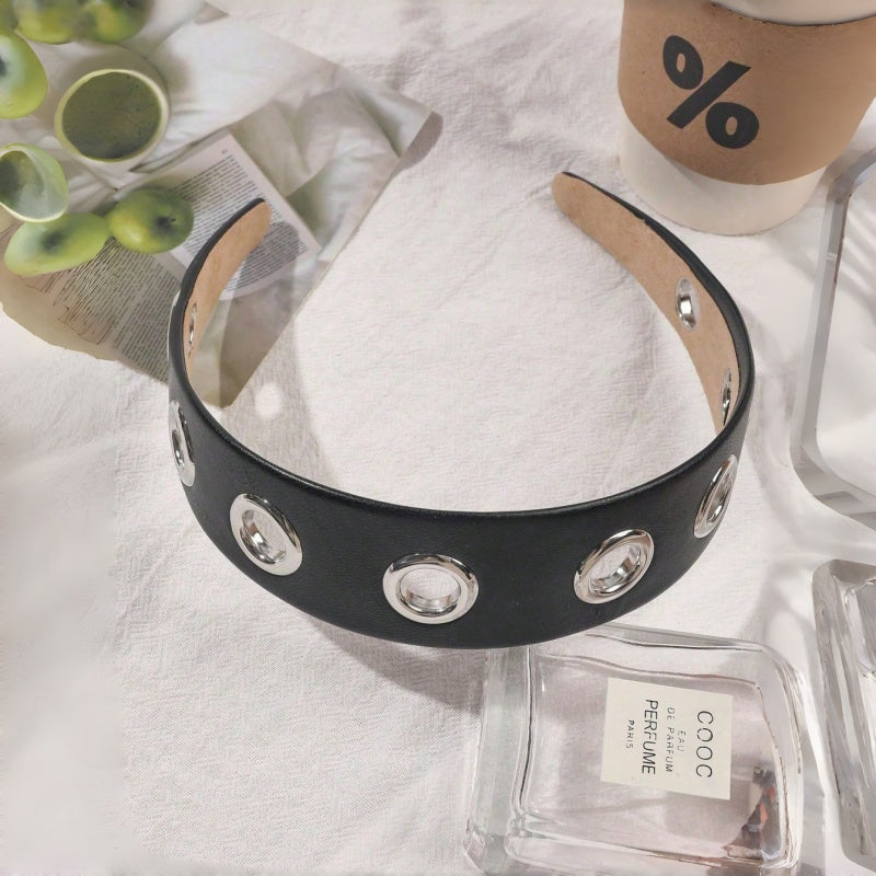 Punk Wide PU Leather Headband for Women, Silver Metal Eyelet Hollow Decor Hair Hoop, Fashion Rock Goth Hair Accessories