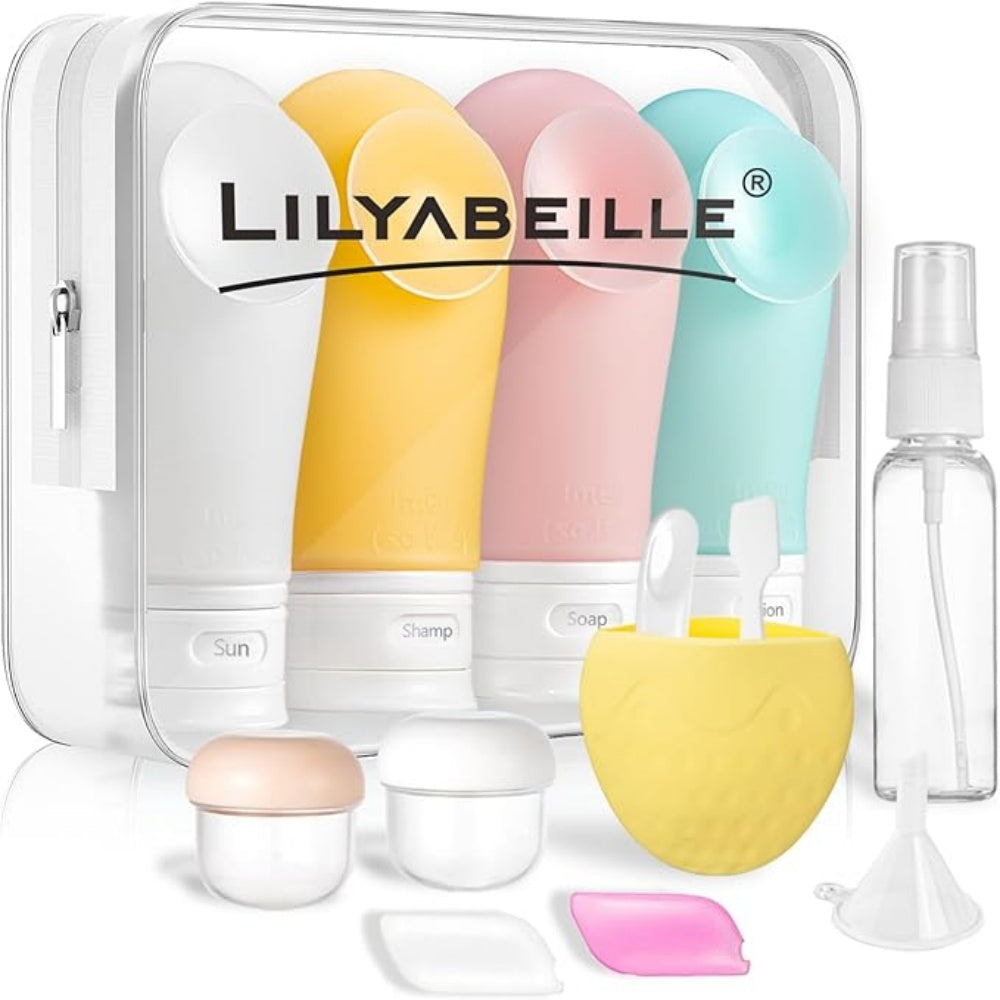 Silicone Travel Bottles Set, Refillable Leak Proof Toiletry Containers with Clear Cosmetic Bag for Shampoo Lotion Skincare