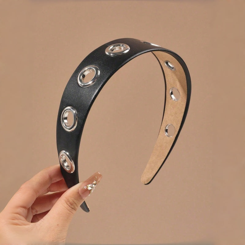 Punk Wide PU Leather Headband for Women, Silver Metal Eyelet Hollow Decor Hair Hoop, Fashion Rock Goth Hair Accessories
