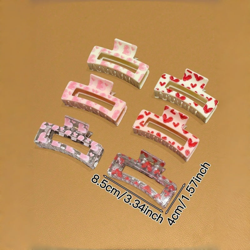 Pink Red Heart Print Large Hair Claw Clips for Women, Strong Hold Non Slip Hair Catch Barrettes for Thick Thin Hair Valentine’s Day Hair Accessories