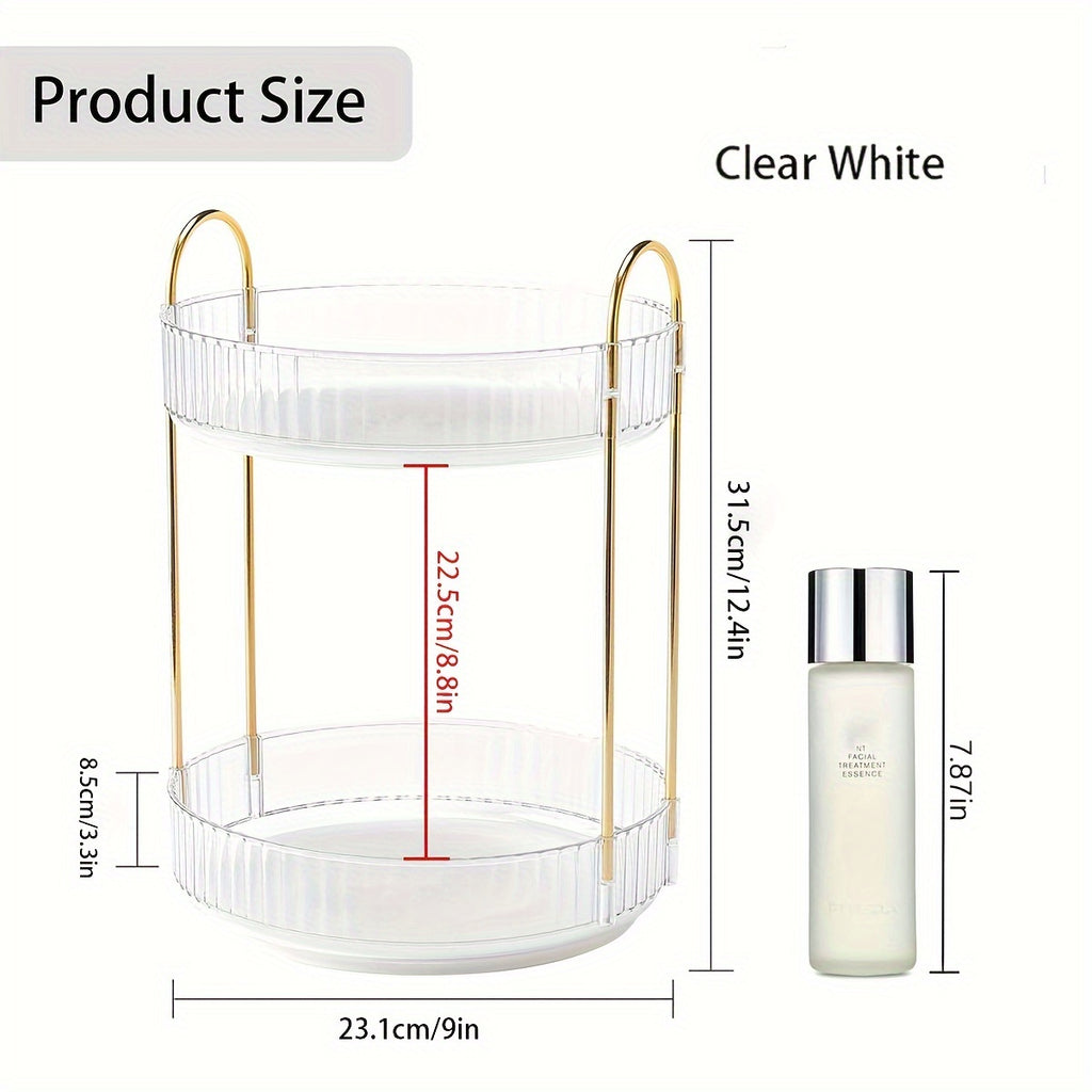 360 Rotating Lazy Susan Makeup Organizer, 2 Tiers Clear White High Capacity Cosmetic Storage for Vanity, Bathroom Countertop, Dresser, Skincare & Perfume Holder