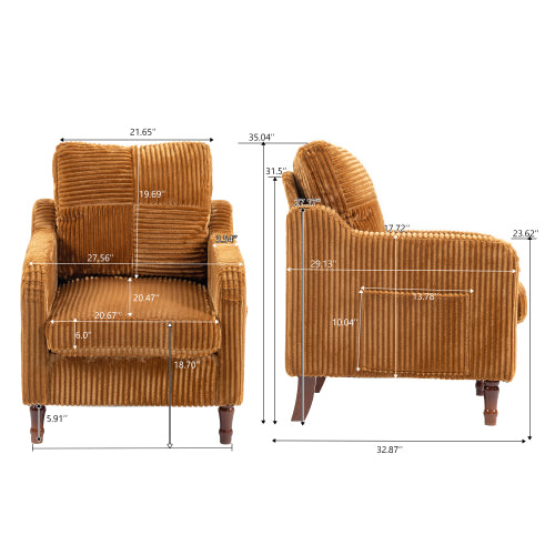 AEELLEEA Mid Century Corduroy Accent Chair, Armchair with Solid Wood Legs & Side Pocket
