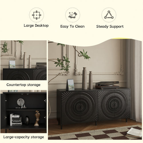 AEELLEEA Modern Black Sideboard Buffet Cabinet with 4 Doors, 3D Circular Pattern Storage Cabinet with Metal Legs for Dining Room