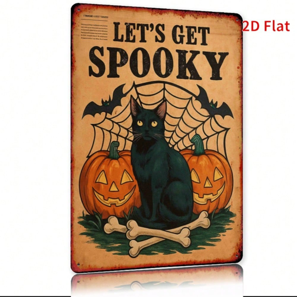 Halloween Retro Square Metal Tin Sign, Black Cat & Pumpkin 2D Flat Wall Hanging Decor for Home Party