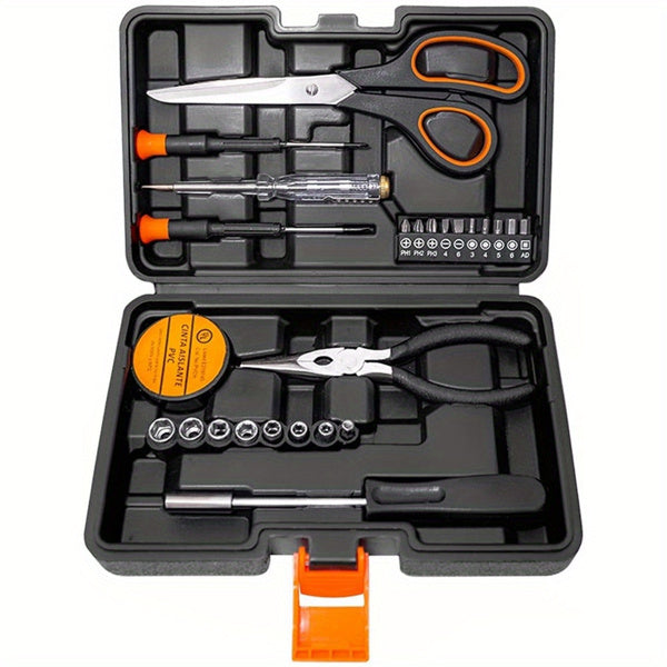 AEELLEEA-26 Piece General Household Hand Tool Set with Plastic Storage Case, Orange, Complete Repair DIY Hand Kit for Home Maintenance