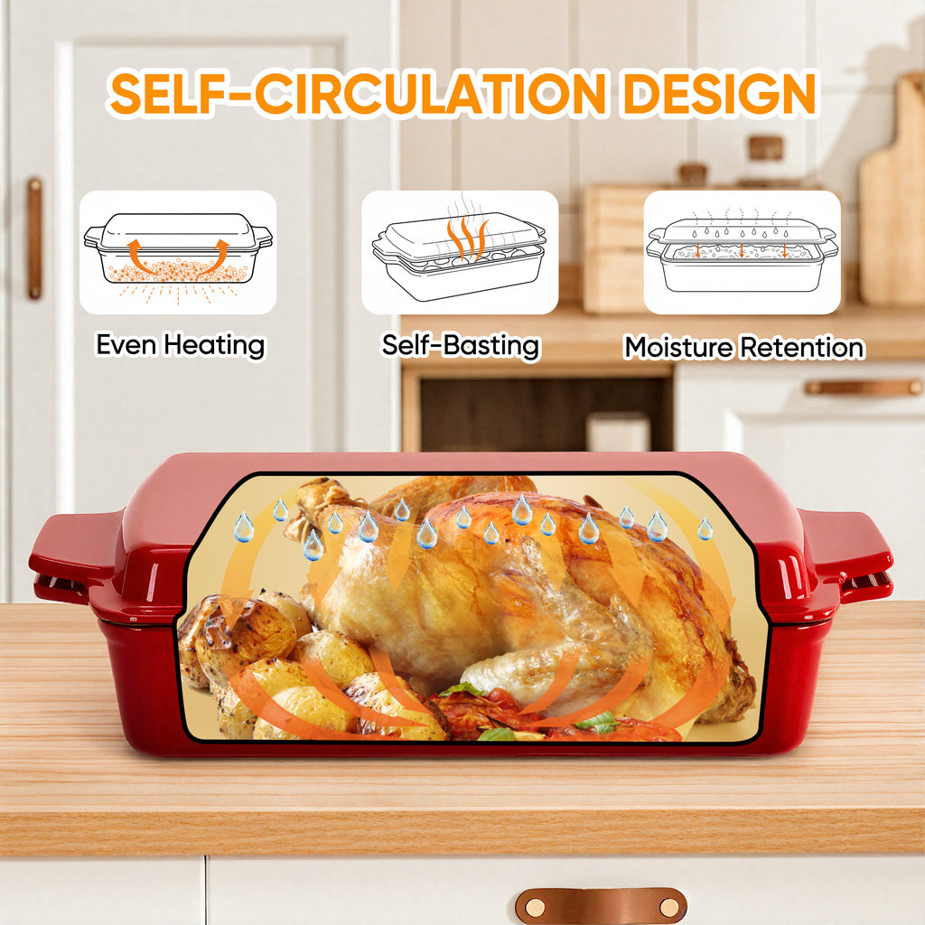 Enameled Cast Iron Rectangular Casserole Dish with Lid, Red & Blue Available, Heavy-Duty Bakeware for Braising, Roasting & Baking