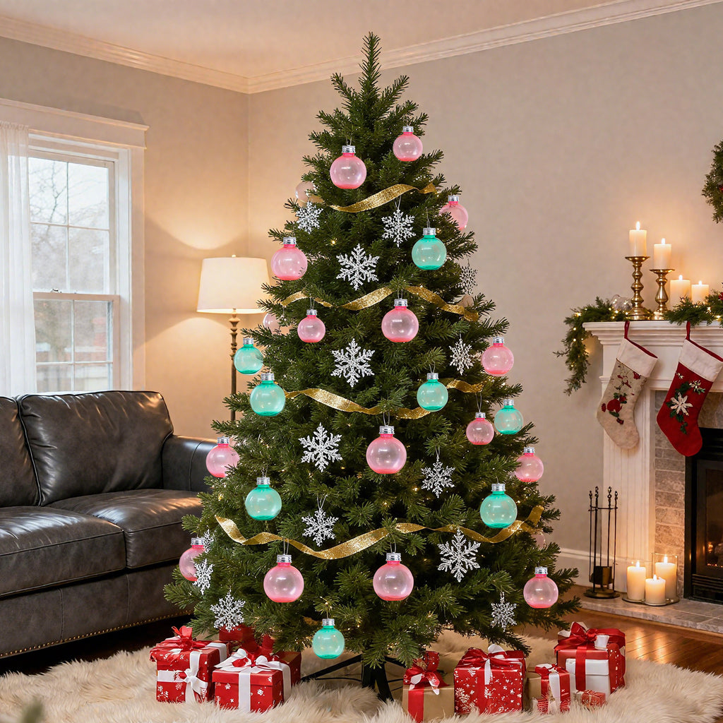 12ct Fillable Christmas Ornament Balls, 5oz Plastic Bulb Containers with Hanging Loops, Pink & Green Tree Decor and Stocking Stuffers