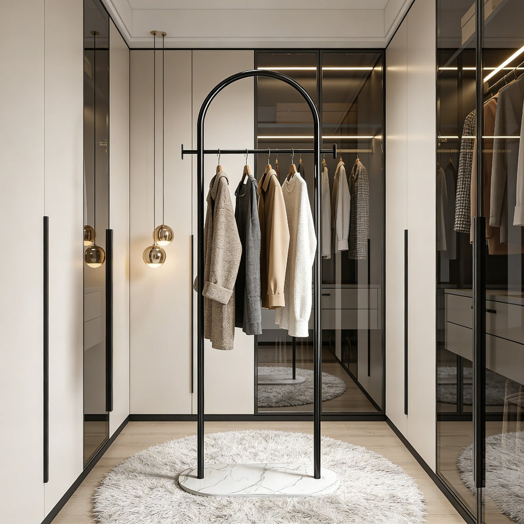AEELLEEA-Freestanding Metal Coat Rack with Bottom Storage Shelf & Side Hooks, Modern Garment Organizer