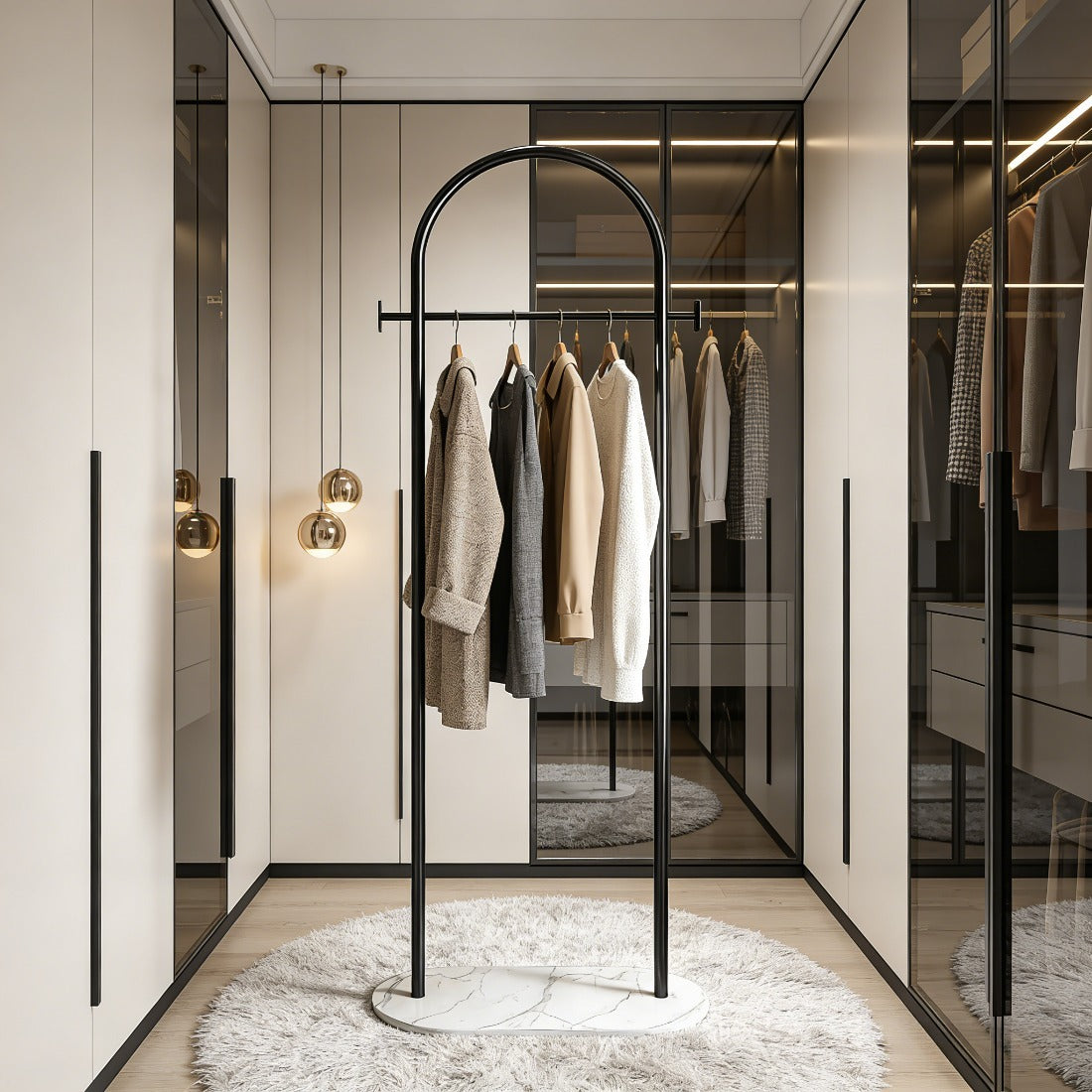 AEELLEEA-Freestanding Metal Coat Rack with Bottom Storage Shelf & Side Hooks, Modern Garment Organizer