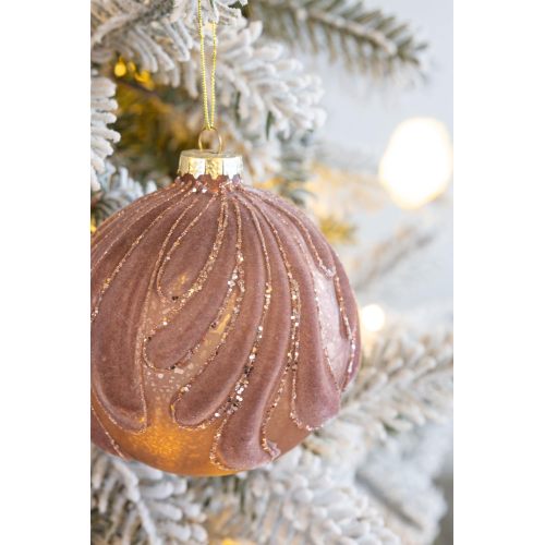 AEELLEEA 3.9" Dusty Pink Flocked Wave Glass Christmas Ornaments Set of 6, Glitter Hanging Baubles for Xmas Tree Holiday Home Decor