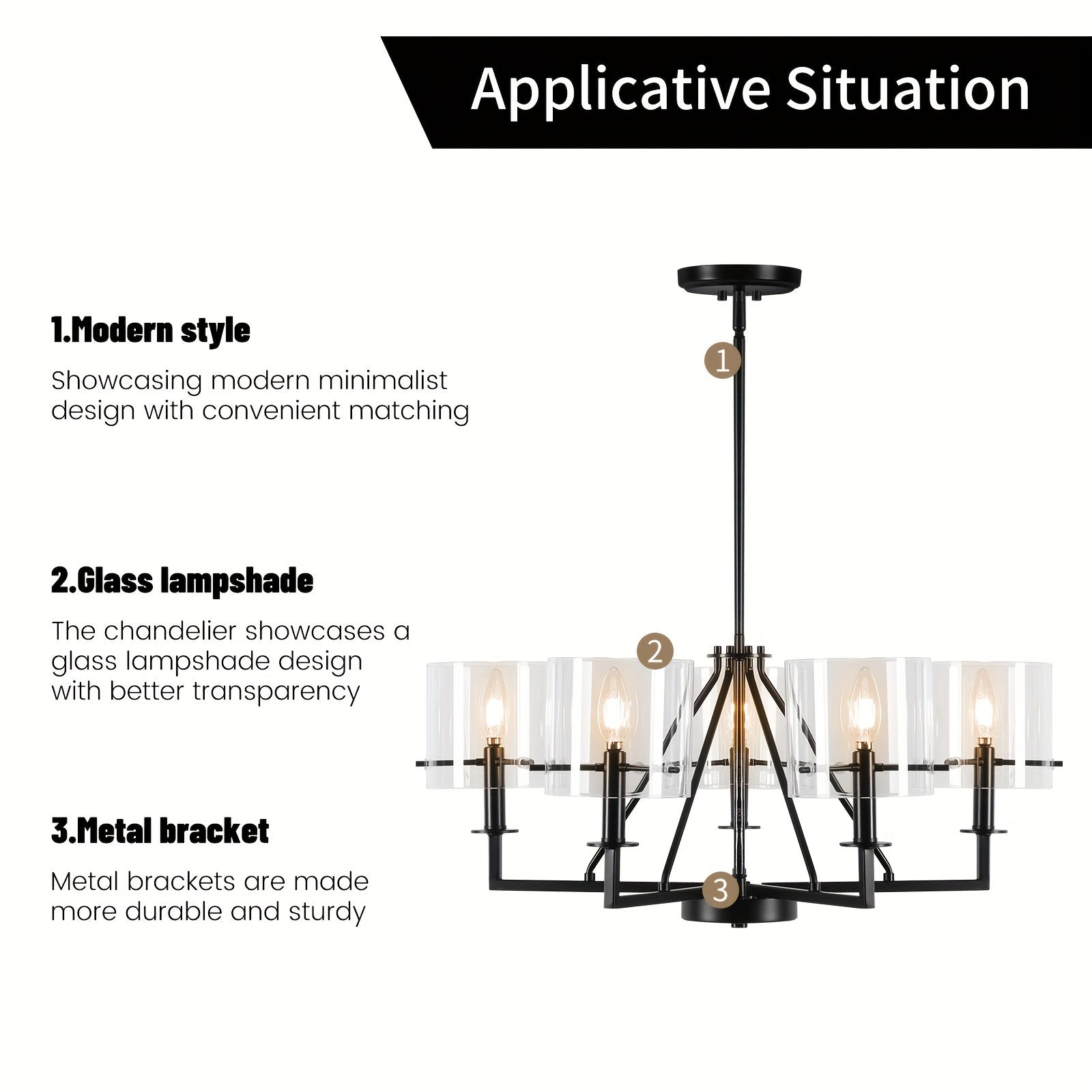 5-Light Minimalist Pendant Light - Black Metal & Glass Shade, E12 Bulb Compatible, Height Adjustable - Ideal for Kitchen Island, Bedroom, Dining & Living Room