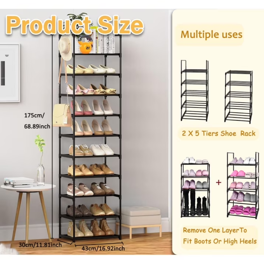 AEELLEEA 10 Tier Metal Shoe Rack, Stackable Space-Saving Shoe Organizer with Side Hooks, Heavy Duty Reinforced Steel Shoe Shelf, Freestanding Shoe Storage for Entryway, Closet, Hallway for Shoes & Boots