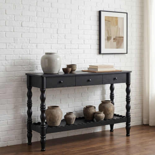 AEELLEEA 47.2" Black Farmhouse Console Table with 3 Drawers and Storage Shelf, Rustic Entryway Sofa Table with Turned Legs