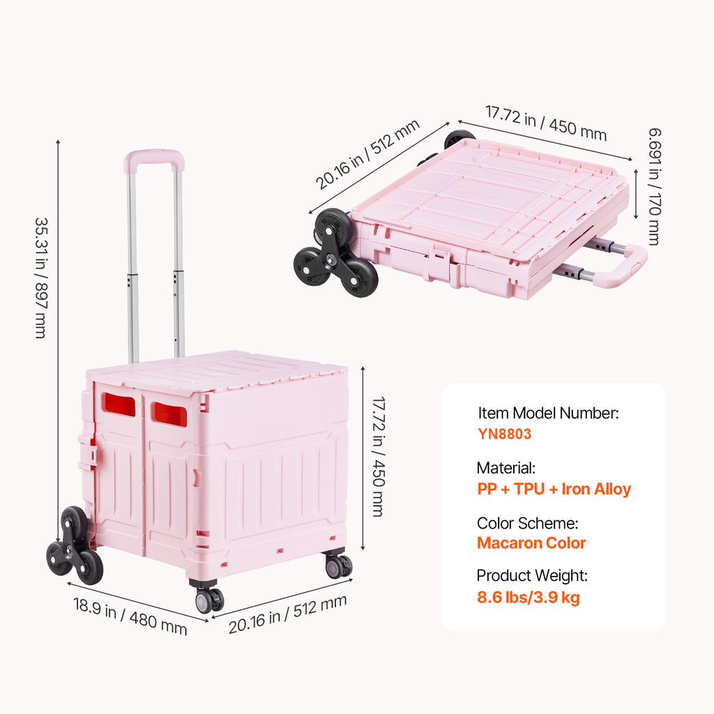 65L Foldable Stair Climbing Shopping Cart, Collapsible Rolling Crate with Wheels, Heavy Duty Grocery Cart for Shopping & Groceries