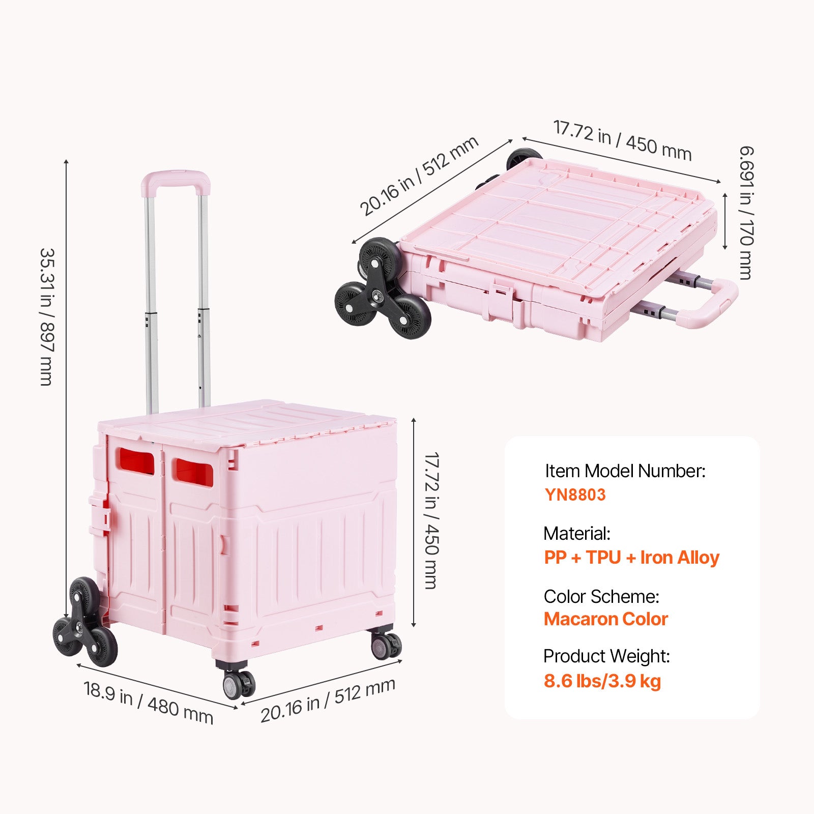65L Foldable Stair Climbing Shopping Cart, Collapsible Rolling Crate with Wheels, Heavy Duty Grocery Cart for Shopping & Groceries